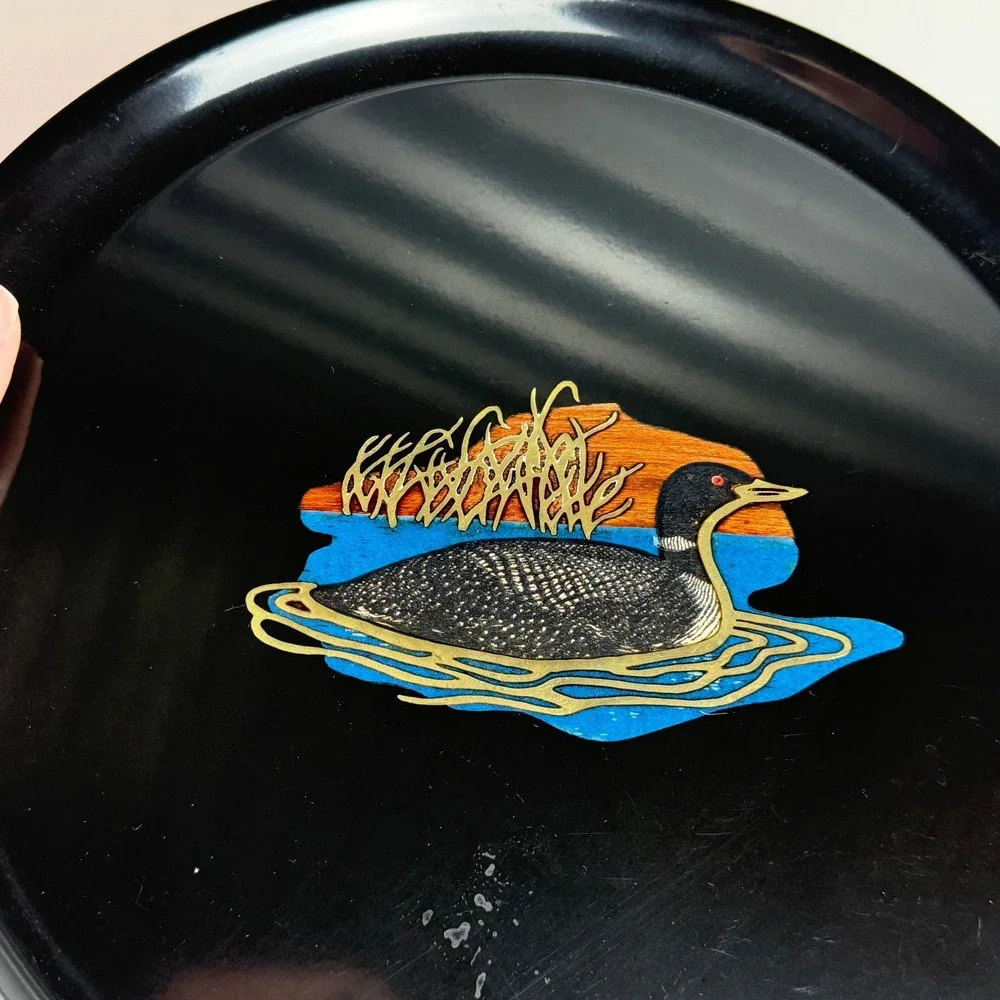Couroc of Monterey Mallard Duck Round Tray 10.5 Inch MCM California Black Resin